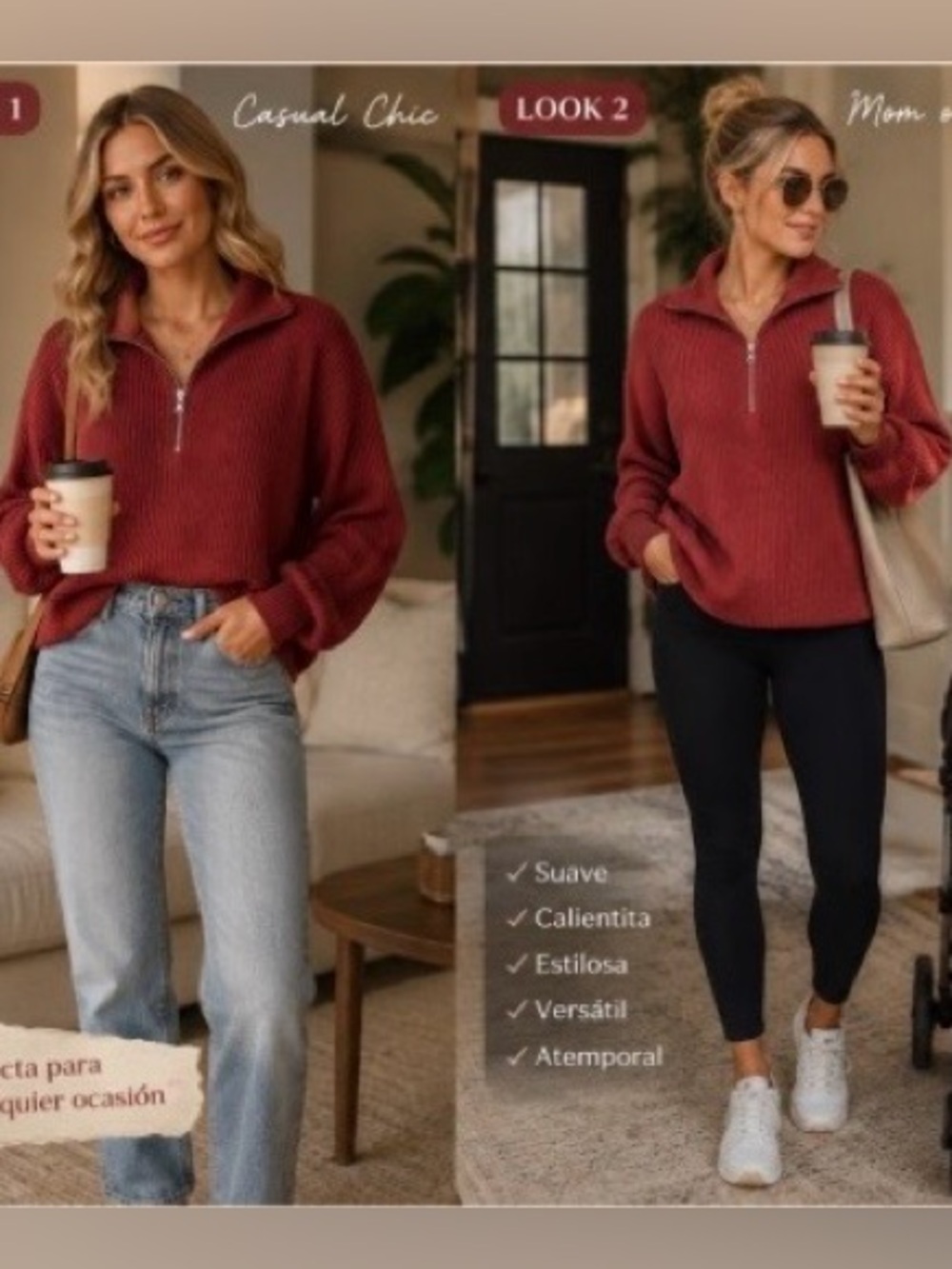 Zenana Outfitters Two Tone Half-Zip Pullover Womens Rust Sz S/M